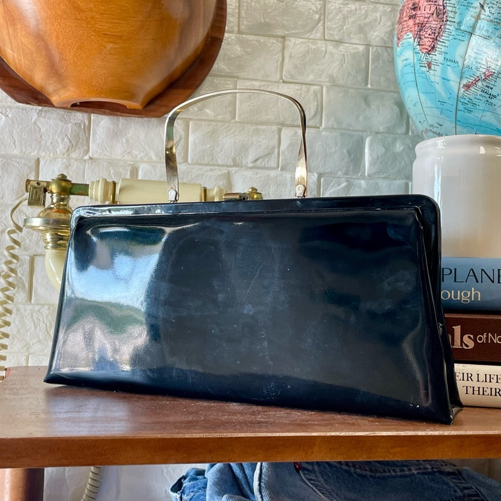 Vintage 1960s Bobbie Jerome Black Patent Leather Metal Top Handle Evening Bag - Picture 8 of 8